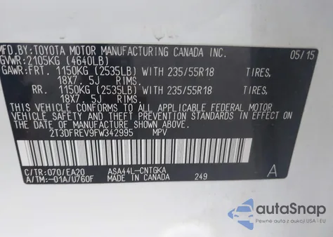 2015 Toyota Rav4 Limited z USA, uszkodzony, nr VIN 2T3DFREV9FW342995